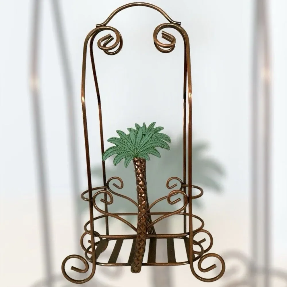 Palm Tree Wine Caddy Copper Metal 2 Bottle Or Plant Holder Tropical Decor